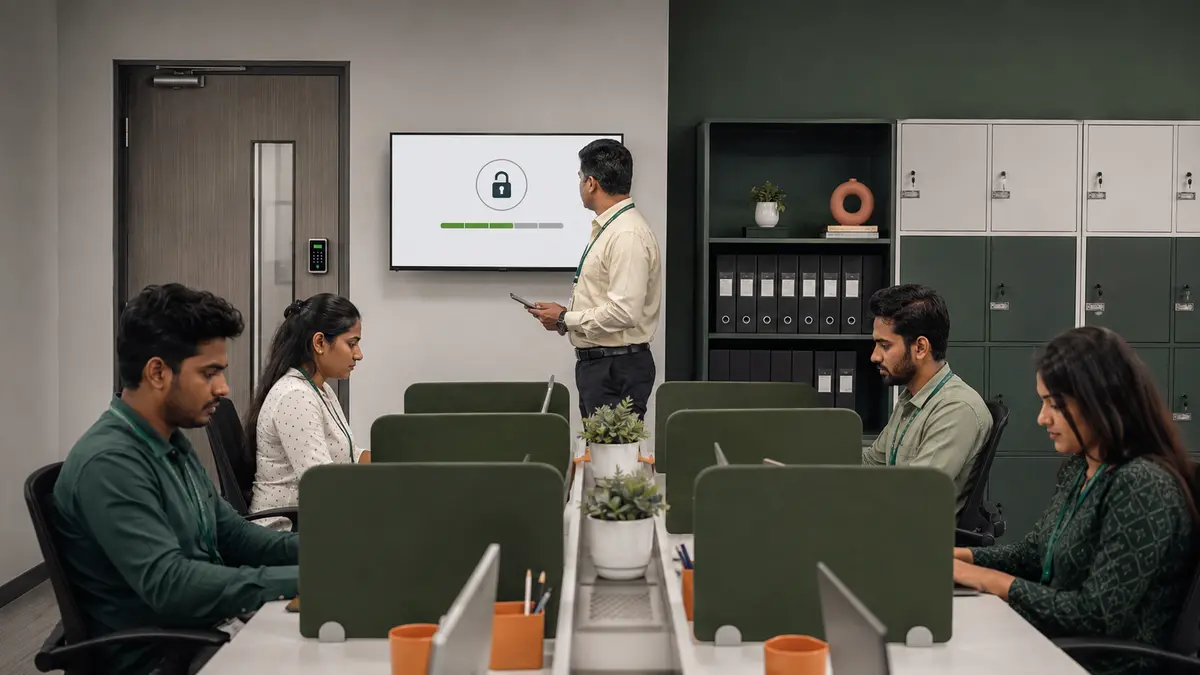 Assigned workstations, controlled entry and locked file storage in a secure project environment