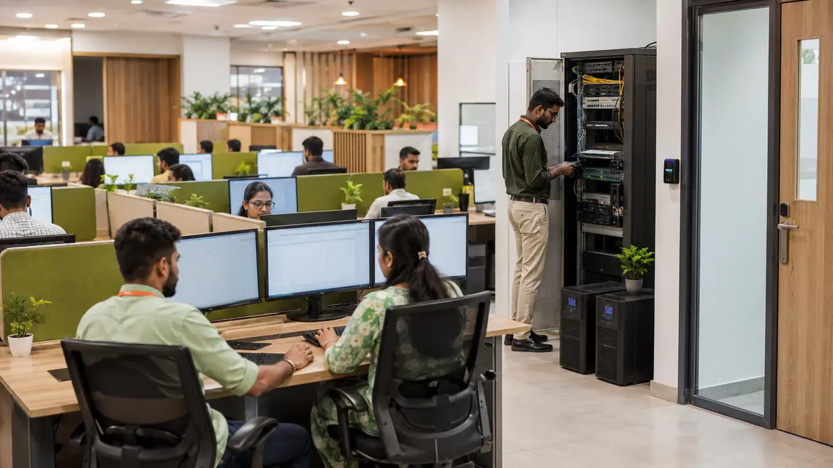 Operations team working beside managed connectivity, network equipment and power continuity systems